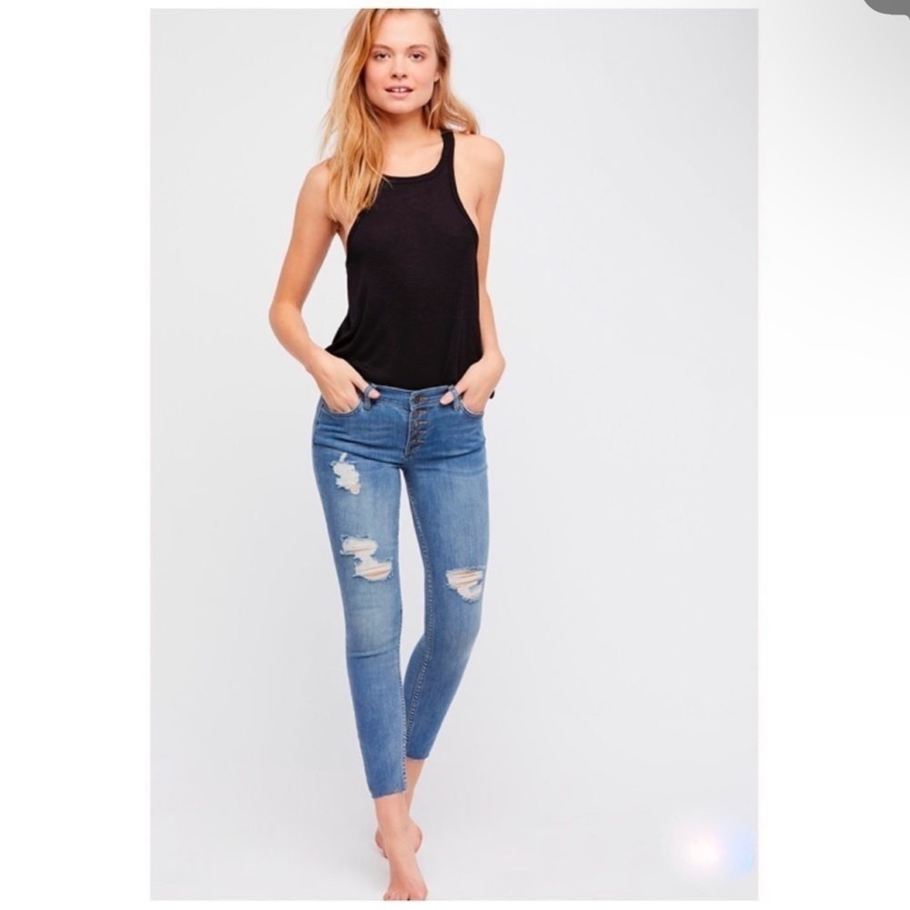Free People Reagan Skinny Destroyed Button Fly Cropped Jeans Size 28